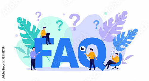 People interacting with FAQ illustration surrounded by question marks and leaves