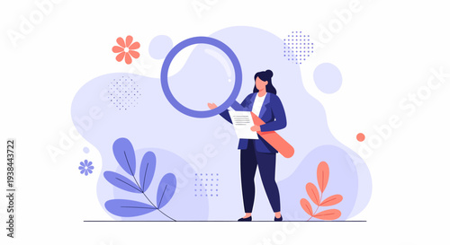 Businesswoman examining documents with magnifying glass surrounded by abstract shapes and leaves in a modern illustration