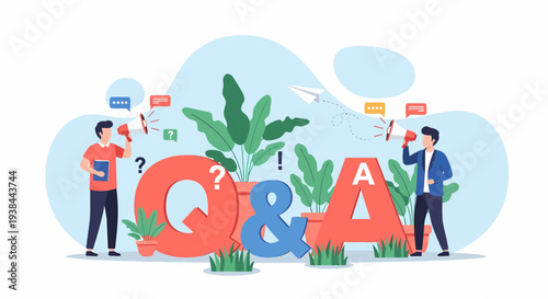 Two professionals discussing ideas in a lush, vibrant environment with question and answer symbols