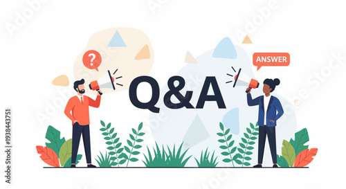 People engaging in Q&A session with megaphones amidst lush greenery and abstract shapes