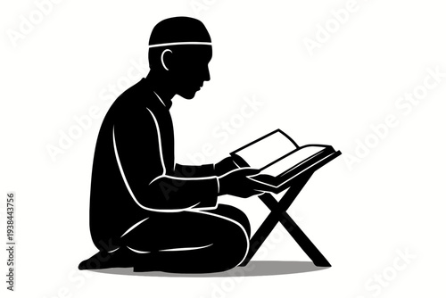 Man reading religious book on lectern in contemplative pose, silhouette illustration