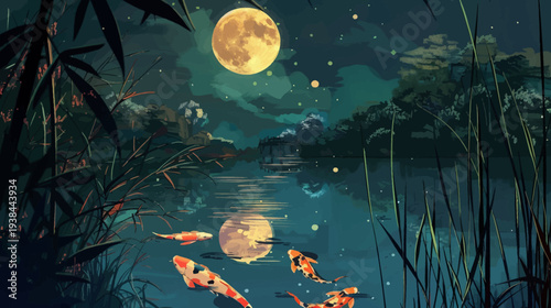 Tranquil night scene with moon reflections and swimming koi fish illustration