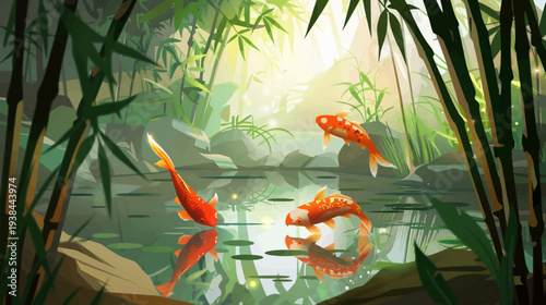 Koi fish swimming in a serene pond among bamboo and lush vegetation