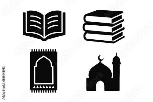 Collection of Islamic symbols including a book, prayer rug, stack of books, and mosque illustration