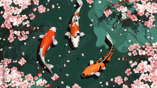 Three colorful koi fish swimming in a tranquil pond surrounded by blossoms