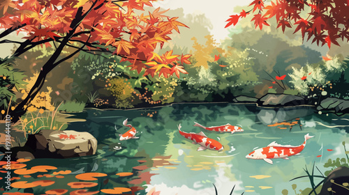 Koi fish swimming in a pond under autumn trees artistic illustration