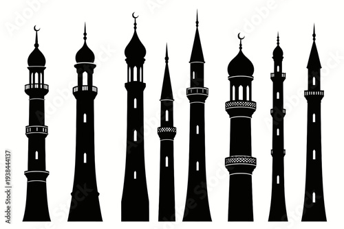 Collection of Minarets and Towers in Islamic Architecture Silhouette Illustration