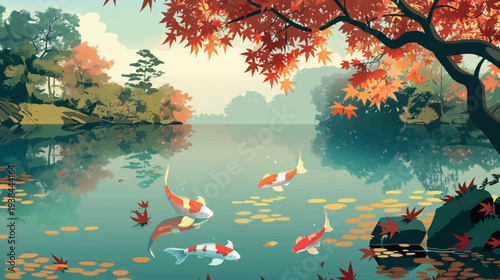 Autumnal koi fish swimming in a serene pond with fall foliage