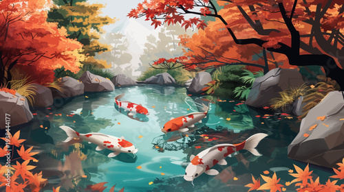 Autumnal koi pond scene with vivid colors and reflections