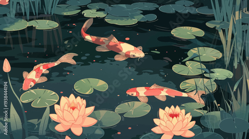 Koi fish swimming in a serene pond among lily pads vector illustration