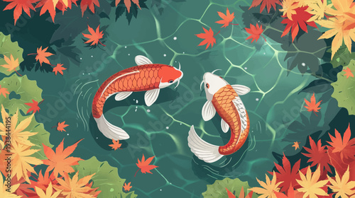Koi fish swimming in pond surrounded by autumn leaves illustration