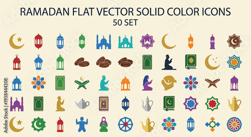 Collection of colorful Ramadan icons featuring mosques, crescents, and symbols.