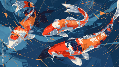 Three colorful koi fish swimming in water with abstract design