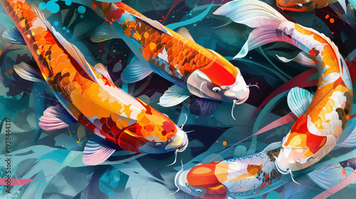 Vibrant koi fish swimming in water artistic illustration design
