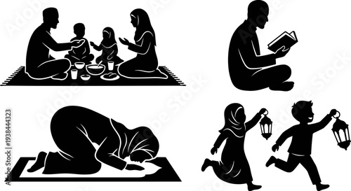 Family illustrations showcasing daily life activities with prayer, reading, and children playing together in various scenes from a top-view perspective