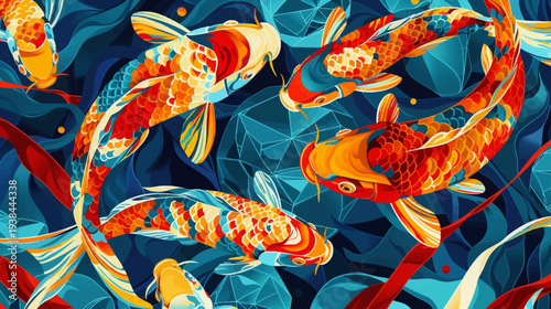 Vibrant koi fish illustration with dynamic composition and bold colors