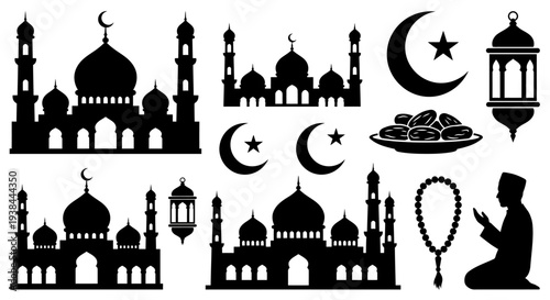 Islamic Mosque Silhouettes with Crescent Moon and Prayer Symbols Collection