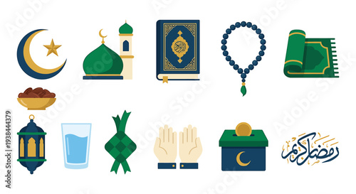 Collection of Islamic symbols and icons representing faith and culture in a flat design