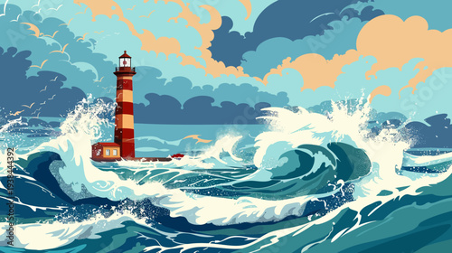 Coastal lighthouse amidst dramatic waves and sky in a stylized artwork