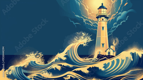 Dramatic lighthouse illuminating sea at night amidst rough waters