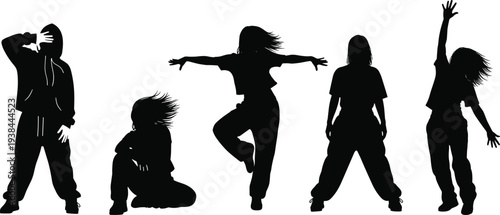 Black silhouette of urban hip hop dancers performing modern street dance moves for music video poster youth culture or fitness