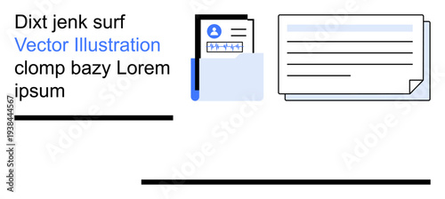 Data management, record organization, office workflow, documentation processes, communication, business tools. Blue folder with documents and text. Data management and record organization theme