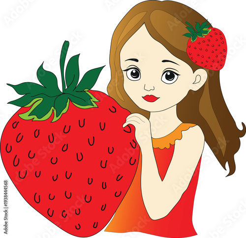 A bright and cheerful illustration of a cute little girl with long brown hair, wearing a red dress and a strawberry hair accessory. She is happily leaning against a giant, vibrant red strawberry.