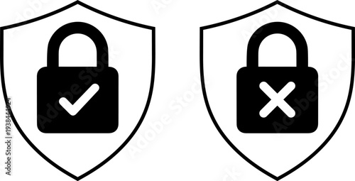 Secure and insecure lock icons on shields for safety concepts