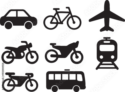 Transport icon set, vehicle icons containing car, bike, plane, train, bicycle, motorbike, bus vector silhouette 