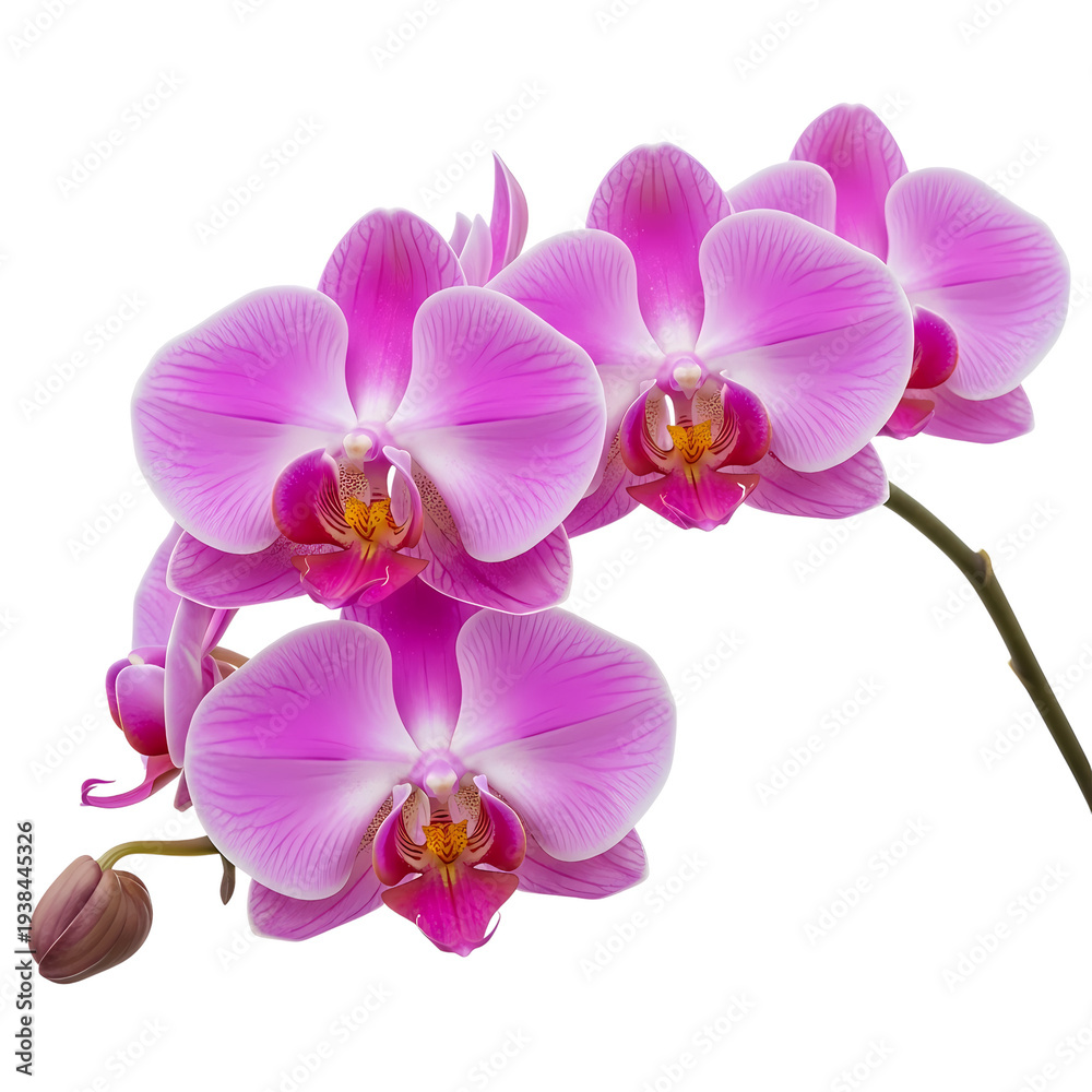 Fototapeta premium A beautiful branch of vibrant pink orchid flowers in full bloom with a small unopened flower bud