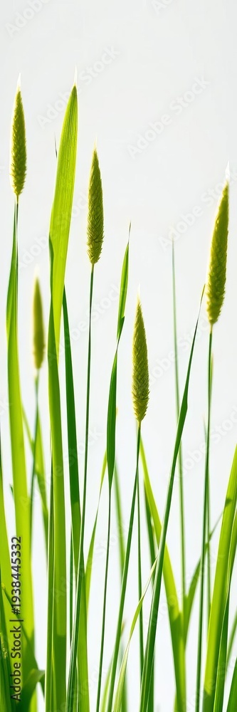 Fototapeta premium Tall green blades stand starkly outlined, creating a minimalist natural texture, contrast, grass