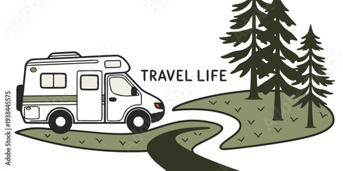 A vintage camper van parked near a serene lake surrounded by tall trees. Vector