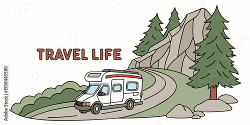 A scenic view of a mountainous landscape with a travel trailer and a dog Vector