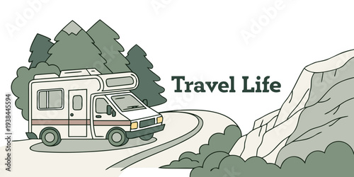 A picturesque camping site nestled in a lush green forest with a winding river nearby Vector