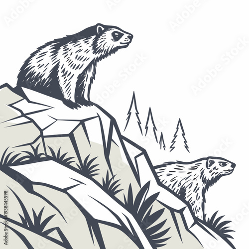 A detailed illustration of a frog perched on a rocky outcrop with a scenic mountain backdrop. Vector