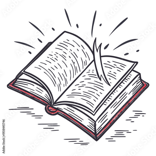 A magical book with a glowing red gem and sparkling particles flying around it. Vector