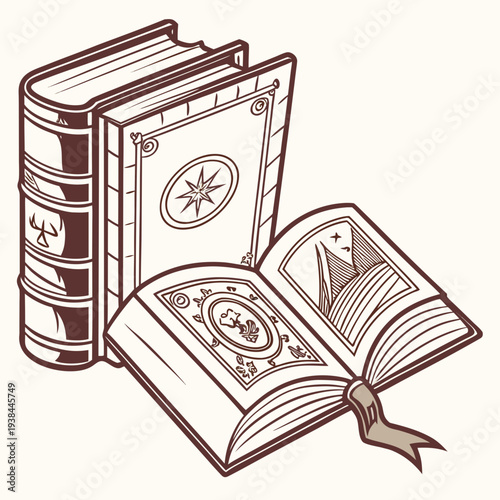 An open book with a ribbon bookmark and two closed books beside it. Vector