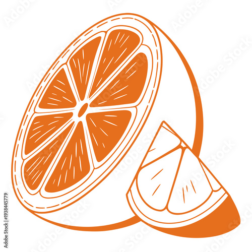 A vibrant illustration of a sliced orange with a single segment separated Vector