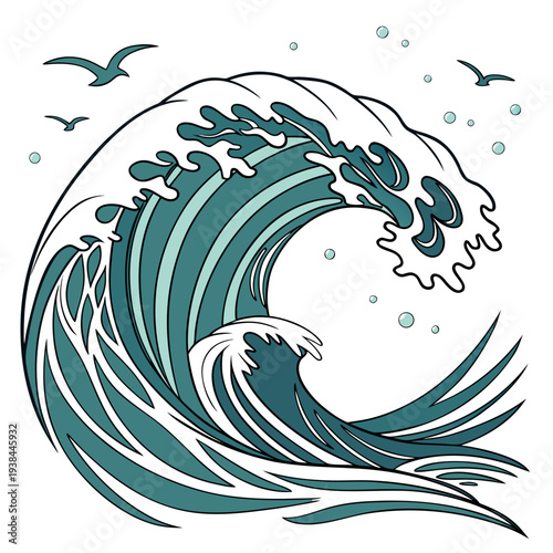 A powerful wave crashing against a rocky shore with white foam and blue water Vector