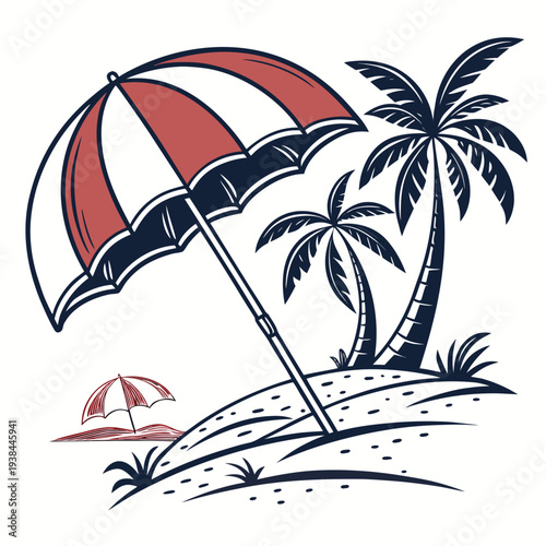 A vibrant beach scene with palm trees and colorful umbrellas. Vector