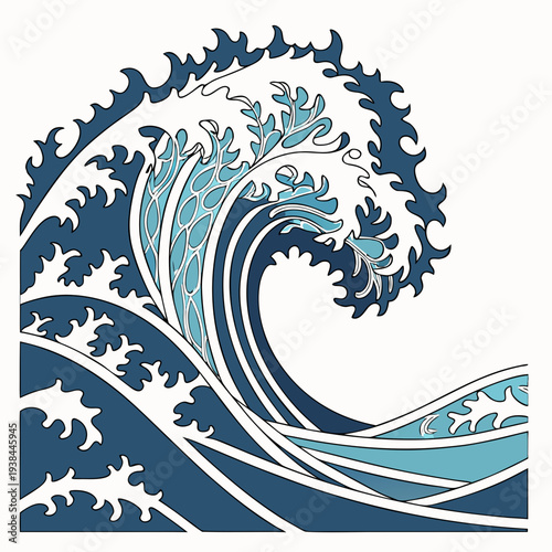 A powerful wave crashing against a rocky shoreline with white foam and deep blue water Vector
