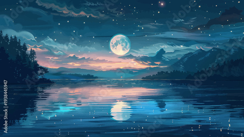 Tranquil night scene with a full moon over water and mountains
