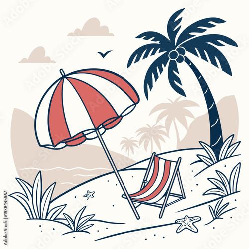 A serene beach scene with a striped umbrella and a relaxed atmosphere Vector