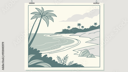 Tropical beach with palm trees and a winding river flowing into the ocean Vector