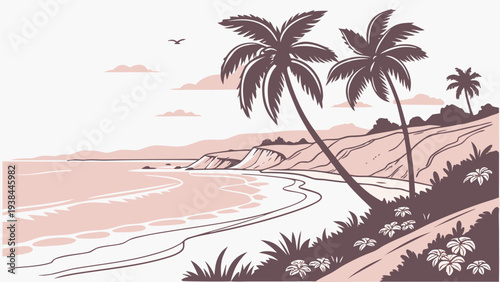A serene tropical beach with palm trees and gentle waves Vector