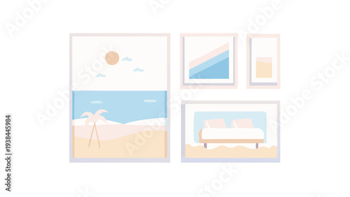A serene beach scene with a person standing and a bed in the background Vector