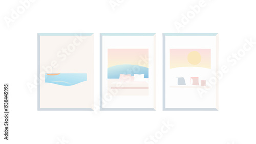 Three abstract illustrations of serene landscapes with soft colors and minimalist design Vector