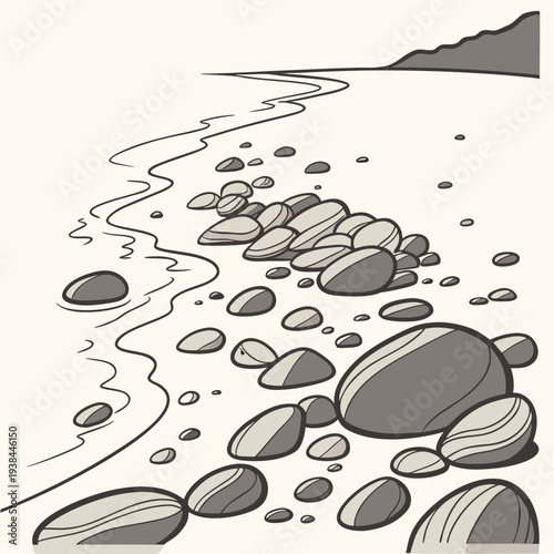 A serene beach scene with a winding path of rocks leading to the ocean Vector