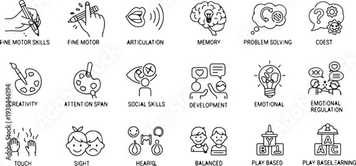 Premium Icons Pack on Human Cognitive Abilities and Preschool Development of Children. Such Line Signs as Fine Motor Skills, Articulation.