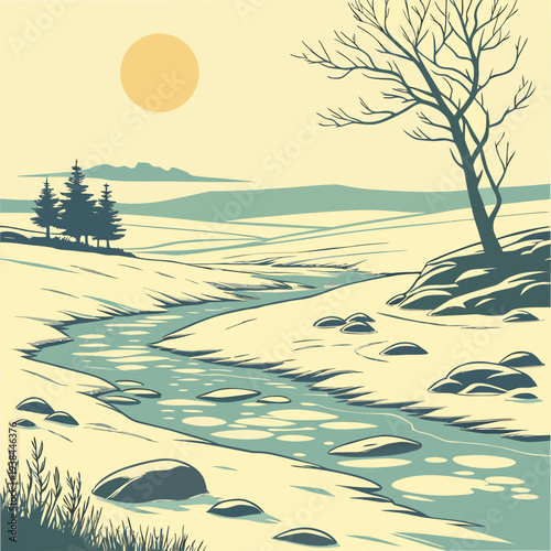 A serene river flows through a landscape with a lone tree and a small boat in the distance. Vector